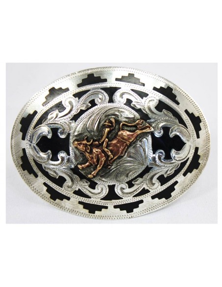 BOUCLE ARGENT FOND NOIR FIG BULLRIDING CUIVRE